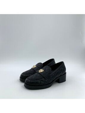 Chanel Black Diamond-Quilted Double C Heart Loafers